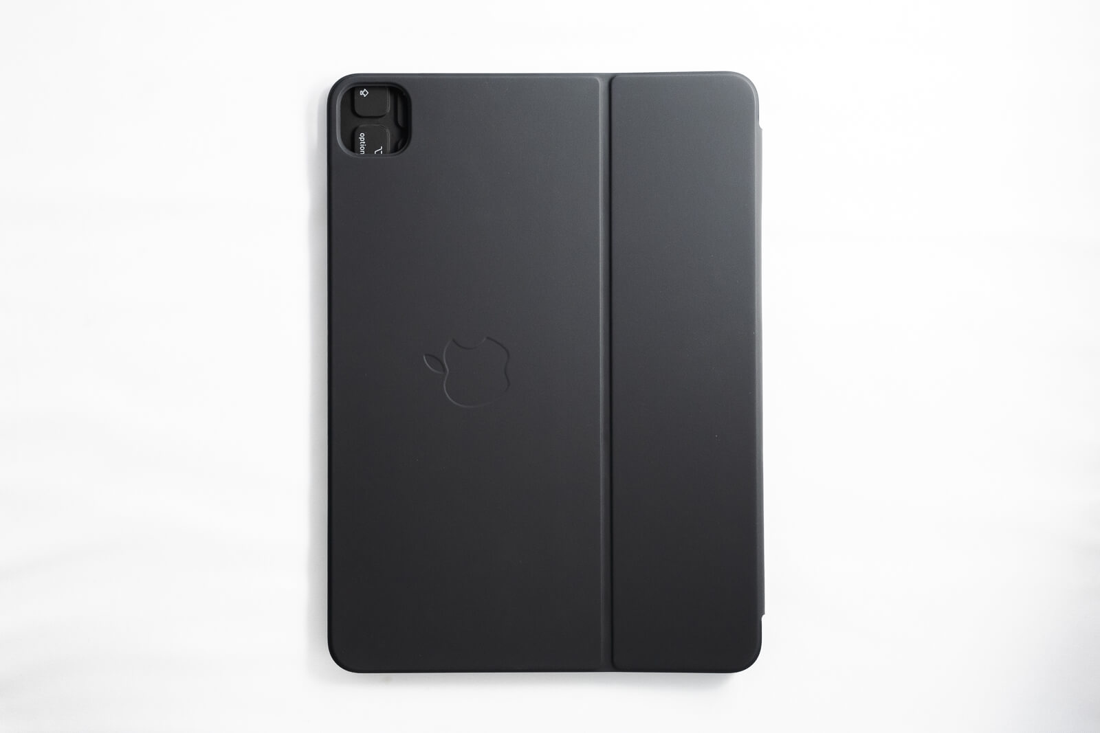 表面にはアップルマークとカメラをはめる切り抜きがある